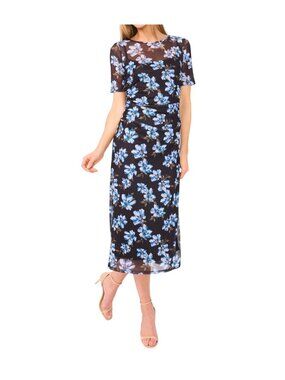 NWT CeCe Floral Ruched Mesh Midi Dress Black Blue S MSRP $89